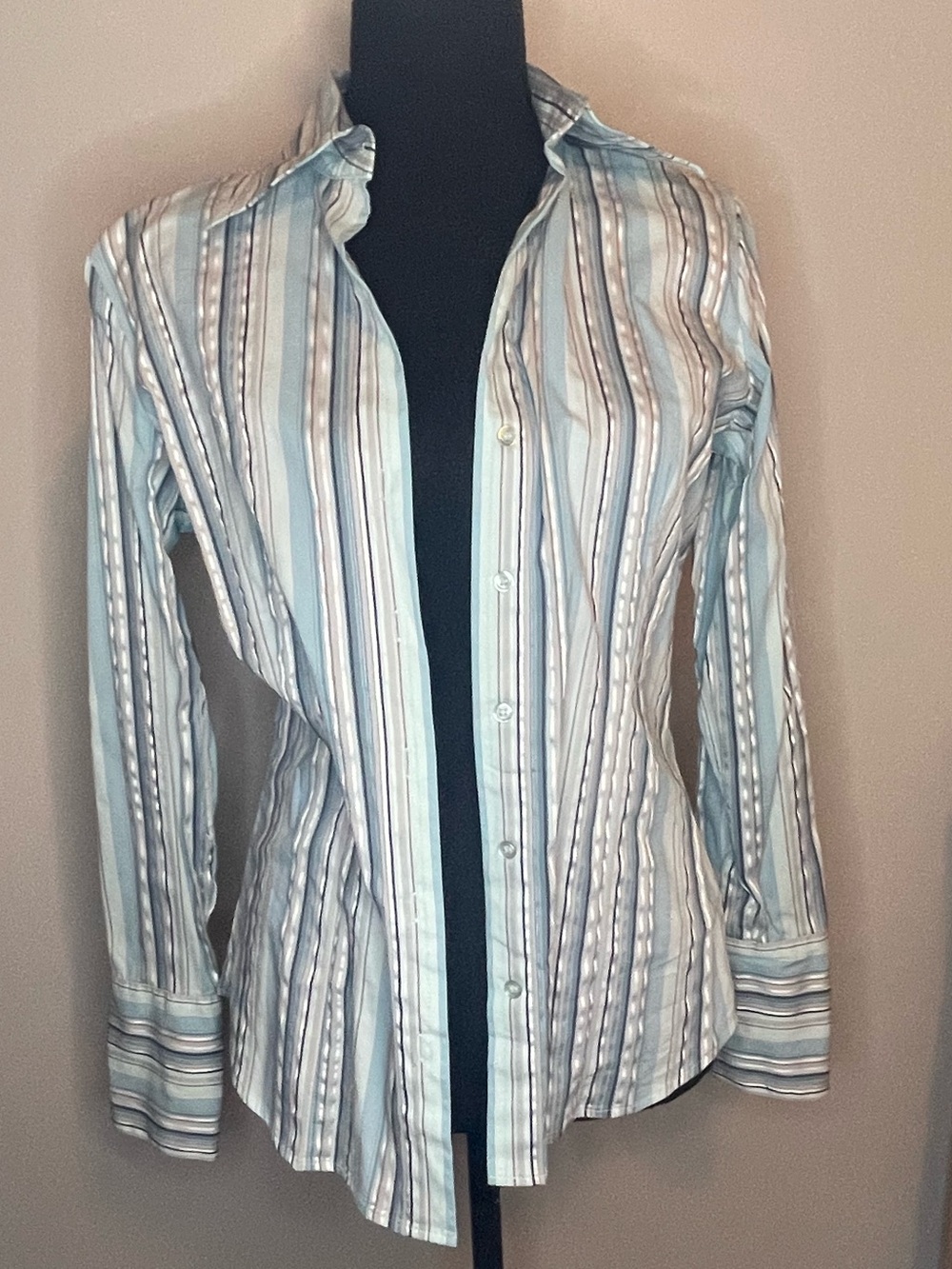 New York & Company Striped Button-Down Shirt in Light Blue, White, and Gray